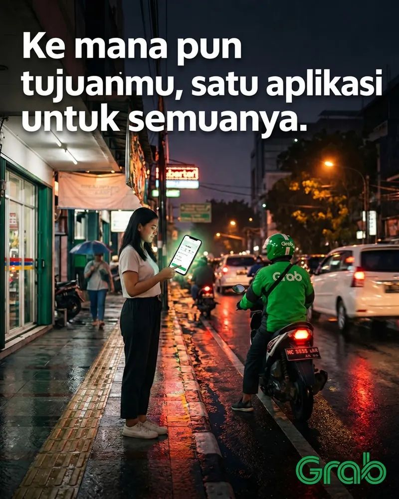 Concept Instagram post for Grab, made with Sphere. Headline: Ke mana pun tujuanmu, satu aplikasi untuk semuanya.