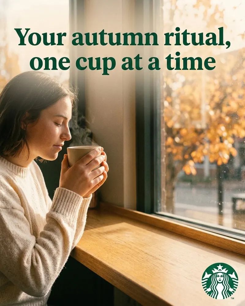 The original post: a woman in a cream sweater breathing in the steam from her cup at a sunlit window, under the headline "Your autumn ritual, one cup at a time."